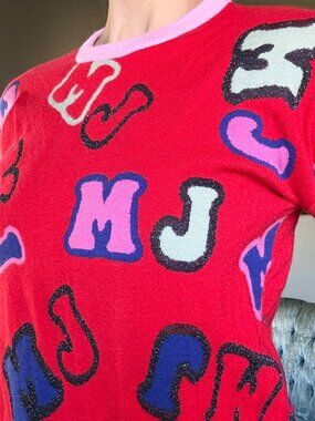 Marc Jacobs Red Pink Glitter Graphic Crewneck Sweater Maximalist NWT Navy